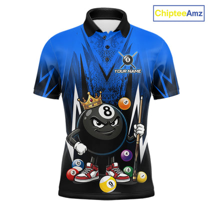 Black & Blue Funny Crown 8 Ball Billiard Shirt For Men Custom 8 Ball Pool Polo & 1/4 Zip Jersey NYN3788