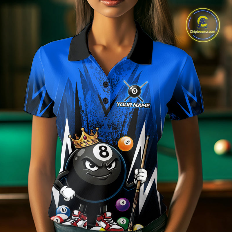 Black & Blue Funny Crown 8 Ball Billiard Shirt For Women Custom 8 Ball Pool Polo & 1/4 Zip Jersey NYN3788