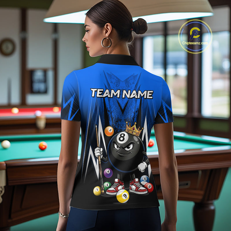 Black & Blue Funny Crown 8 Ball Billiard Shirt For Women Custom 8 Ball Pool Polo & 1/4 Zip Jersey NYN3788
