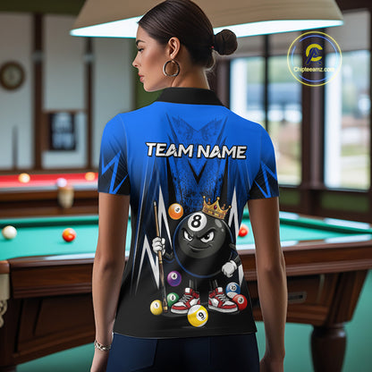 Black & Blue Funny Crown 8 Ball Billiard Shirt For Women Custom 8 Ball Pool Polo & 1/4 Zip Jersey NYN3788