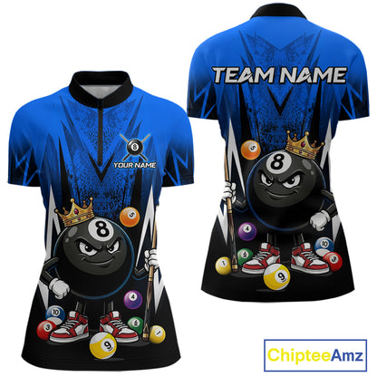 Black & Blue Funny Crown 8 Ball Billiard Shirt For Women Custom 8 Ball Pool Polo & 1/4 Zip Jersey NYN3788