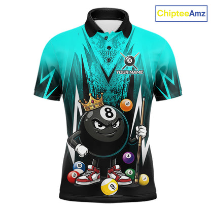 Black & Turquoise Funny Crown 8 Ball Billiard Shirt For Men Custom 8 Ball Pool Polo & 1/4 Zip Jersey NYN3789