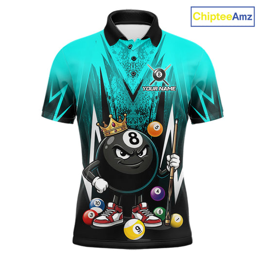 Black & Turquoise Funny Crown 8 Ball Billiard Shirt For Men Custom 8 Ball Pool Polo & 1/4 Zip Jersey NYN3789