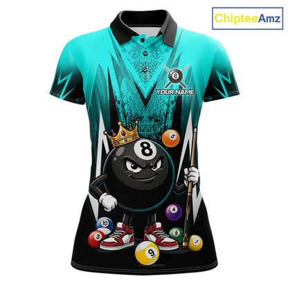 Black & Turquoise Funny Crown 8 Ball Billiard Shirt For Women Custom 8 Ball Pool Polo & 1/4 Zip Jersey NYN3789