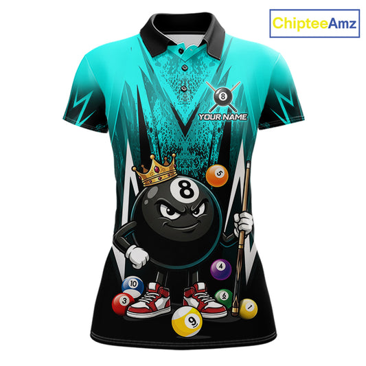 Black & Turquoise Funny Crown 8 Ball Billiard Shirt For Women Custom 8 Ball Pool Polo & 1/4 Zip Jersey NYN3789