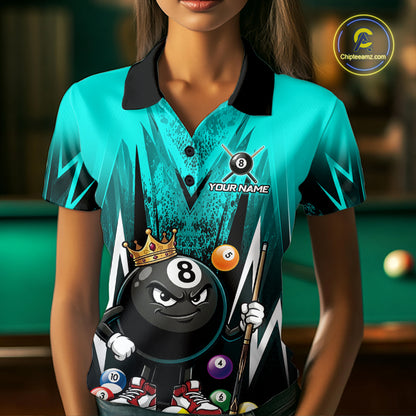 Black & Turquoise Funny Crown 8 Ball Billiard Shirt For Women Custom 8 Ball Pool Polo & 1/4 Zip Jersey NYN3789