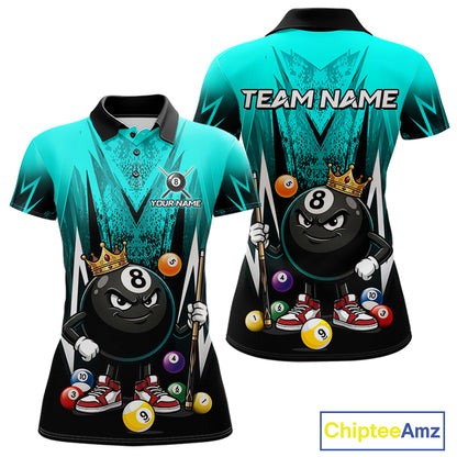 Black & Turquoise Funny Crown 8 Ball Billiard Shirt For Women Custom 8 Ball Pool Polo & 1/4 Zip Jersey NYN3789