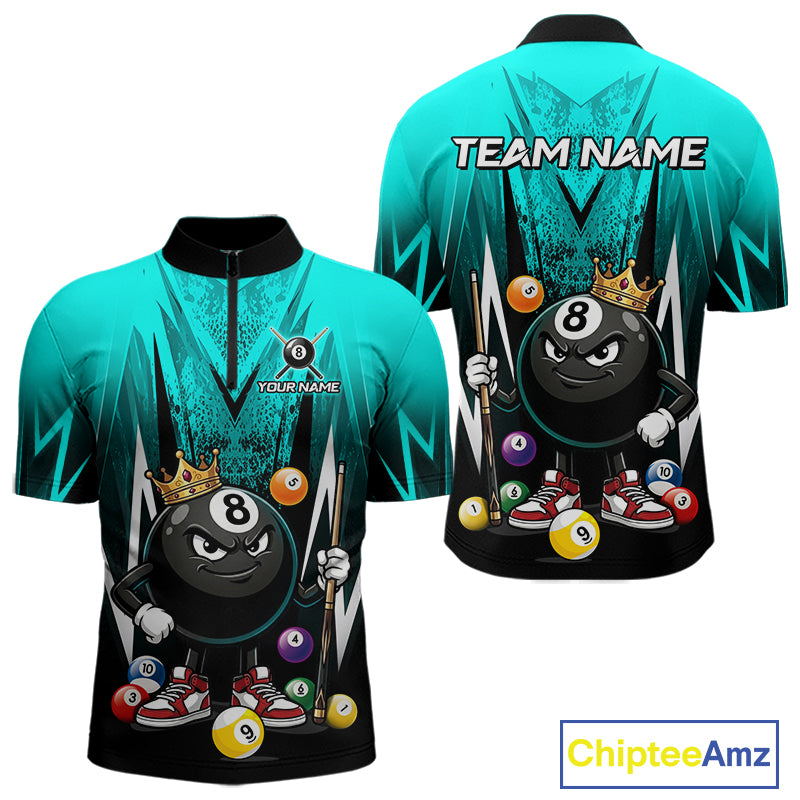 Black & Turquoise Funny Crown 8 Ball Billiard Shirt For Men Custom 8 Ball Pool Polo & 1/4 Zip Jersey NYN3789