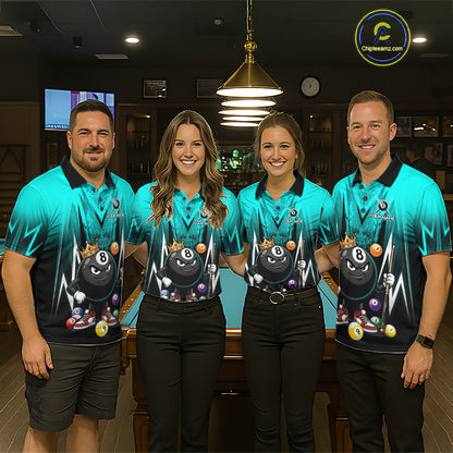 Black & Turquoise Funny Crown 8 Ball Billiard Shirt For Women Custom 8 Ball Pool Polo & 1/4 Zip Jersey NYN3789