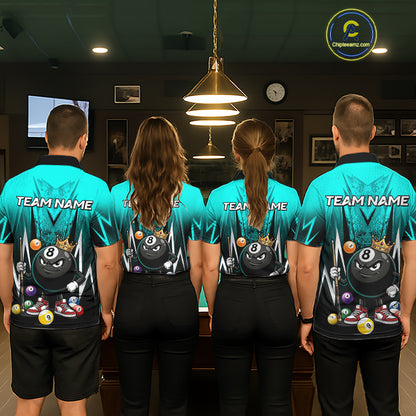Black & Turquoise Funny Crown 8 Ball Billiard Shirt For Women Custom 8 Ball Pool Polo & 1/4 Zip Jersey NYN3789