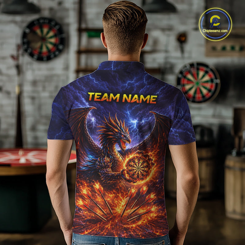 Blue And Red Flame Dragon Darts Polo Quarter-Zip Shirts For Men Custom Dragon Darts Team Jersey NYN4082