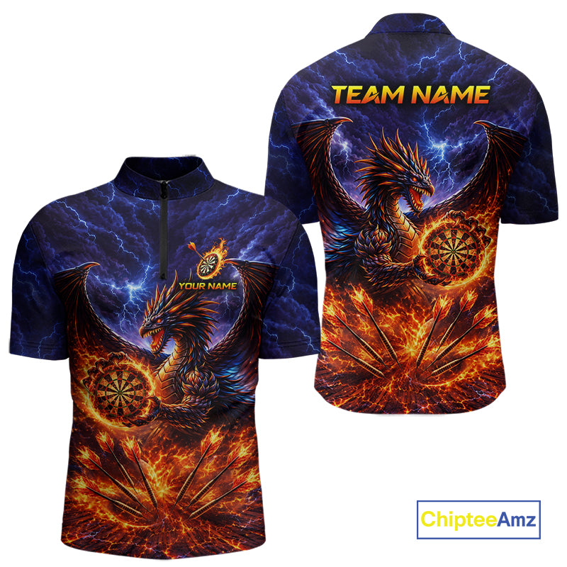 Blue And Red Flame Dragon Darts Polo Quarter-Zip Shirts For Men Custom Dragon Darts Team Jersey NYN4082