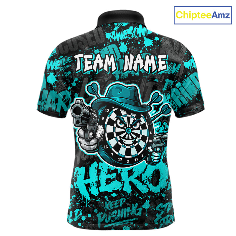 Black & Teal Graffiti Dartboard Cowboy Gun Men Darts Polo 1/4 Zip Shirts Custom Darts Team Jersey NYN4086