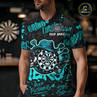 Black & Teal Graffiti Dartboard Cowboy Gun Men Darts Polo 1/4 Zip Shirts Custom Darts Team Jersey NYN4086