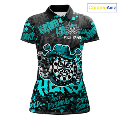 Black & Teal Graffiti Dartboard Cowboy Gun Women Darts Polo 1/4 Zip Shirts Custom Darts Team Jersey NYN4086