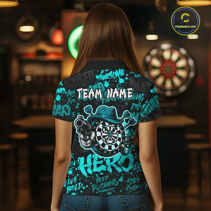 Black & Teal Graffiti Dartboard Cowboy Gun Women Darts Polo 1/4 Zip Shirts Custom Darts Team Jersey NYN4086