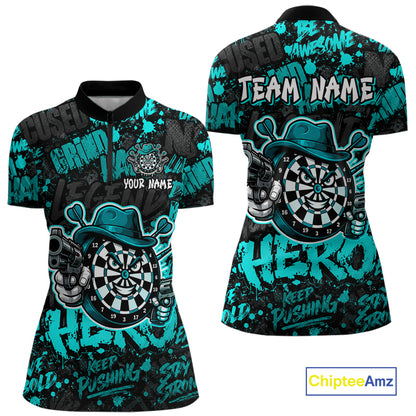 Black & Teal Graffiti Dartboard Cowboy Gun Women Darts Polo 1/4 Zip Shirts Custom Darts Team Jersey NYN4086