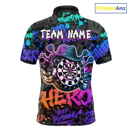 Black And Colorful Graffiti Dartboard Cowboy Gun Men Darts Polo 1/4 Zip Shirts Custom Darts Team Jersey NYN4087