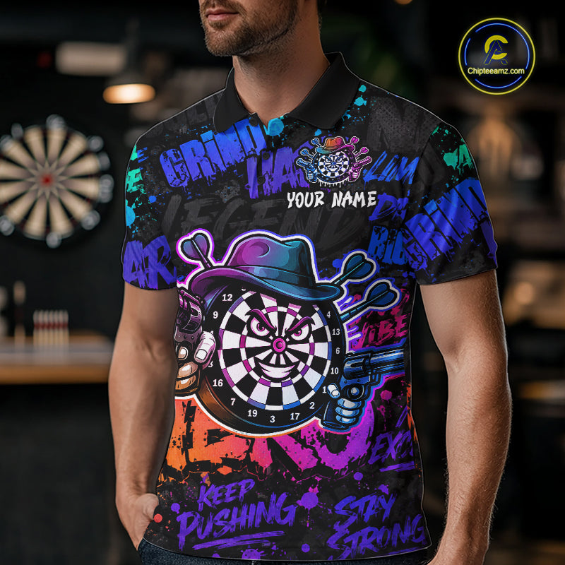 Black And Colorful Graffiti Dartboard Cowboy Gun Men Darts Polo 1/4 Zip Shirts Custom Darts Team Jersey NYN4087