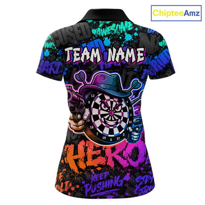 Black And Colorful Graffiti Dartboard Cowboy Gun Women Darts Polo 1/4 Zip Shirts Custom Darts Team Jersey NYN4087
