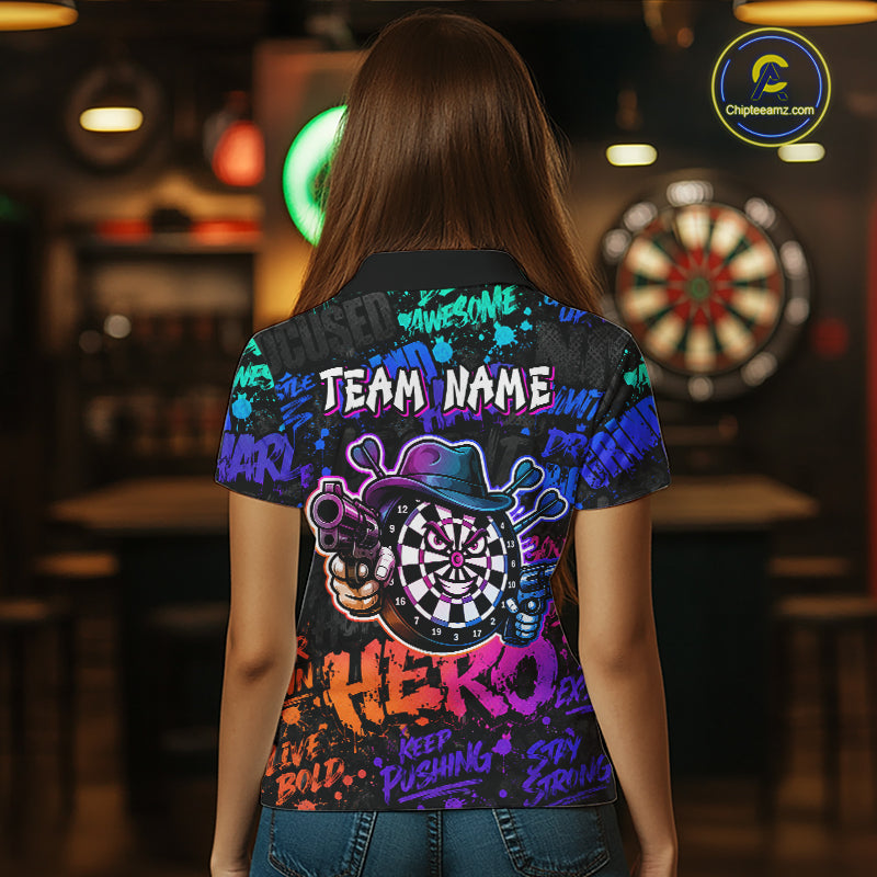 Black And Colorful Graffiti Dartboard Cowboy Gun Women Darts Polo 1/4 Zip Shirts Custom Darts Team Jersey NYN4087