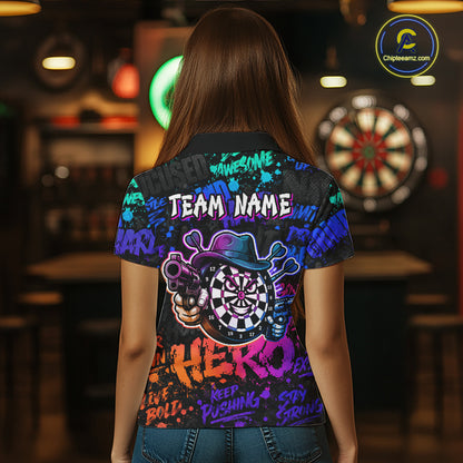 Black And Colorful Graffiti Dartboard Cowboy Gun Women Darts Polo 1/4 Zip Shirts Custom Darts Team Jersey NYN4087