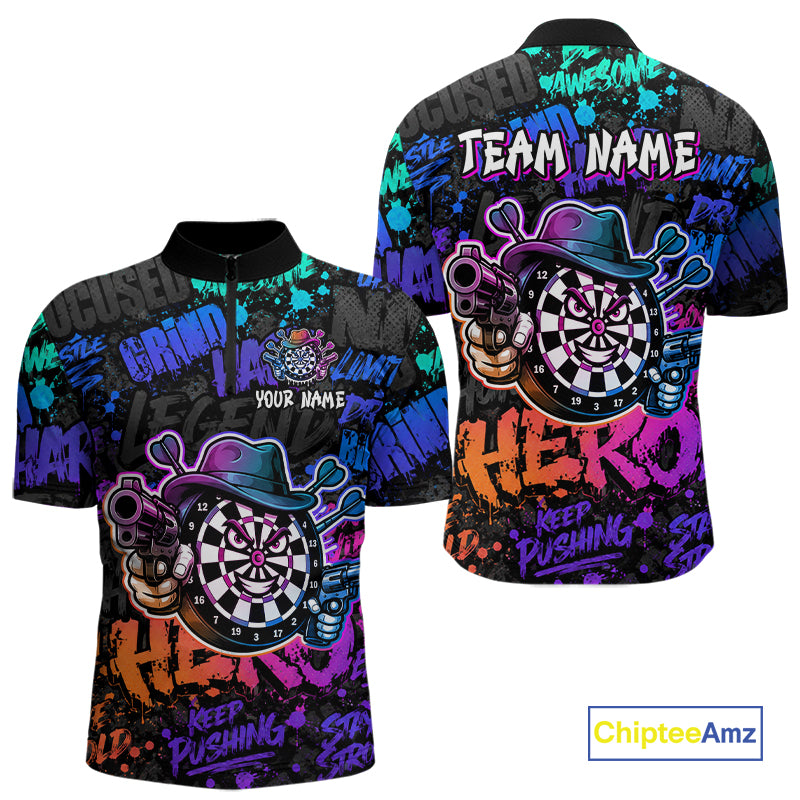 Black And Colorful Graffiti Dartboard Cowboy Gun Men Darts Polo 1/4 Zip Shirts Custom Darts Team Jersey NYN4087