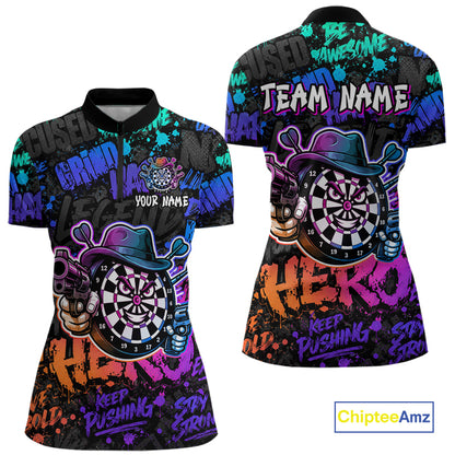 Black And Colorful Graffiti Dartboard Cowboy Gun Women Darts Polo 1/4 Zip Shirts Custom Darts Team Jersey NYN4087