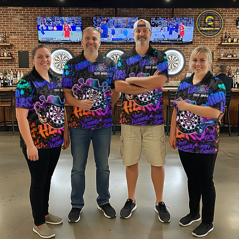 Black And Colorful Graffiti Dartboard Cowboy Gun Men Darts Polo 1/4 Zip Shirts Custom Darts Team Jersey NYN4087