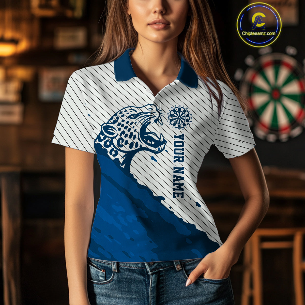 Personalized White And Blue Striped Leopard Darts Polo Shirts For Women Dart Team Jerseys NYN2198