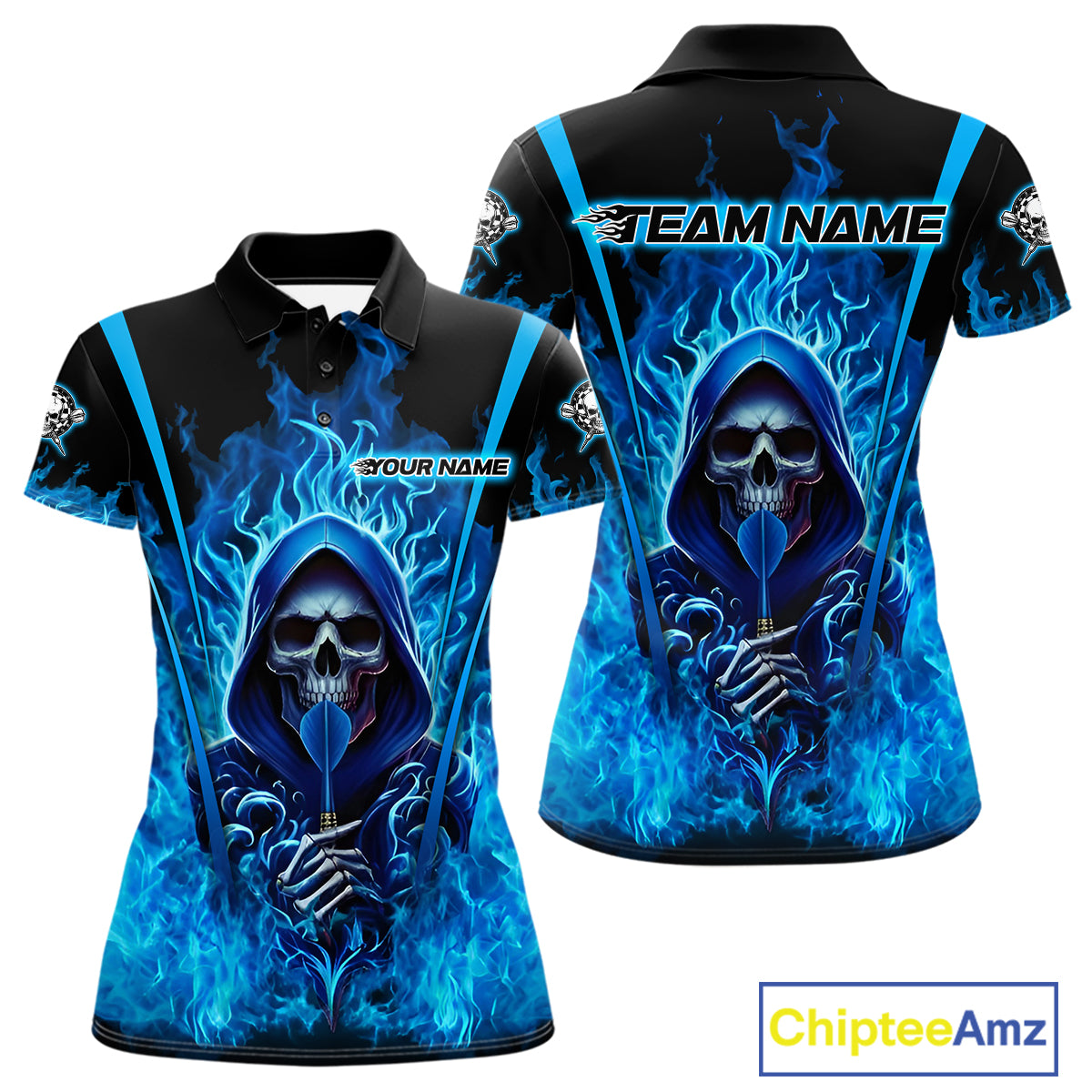 Personalized Blue Flaming Grim Reaper Women Darts Polo League Shirts Outfits Dart Jerseys NYN2208