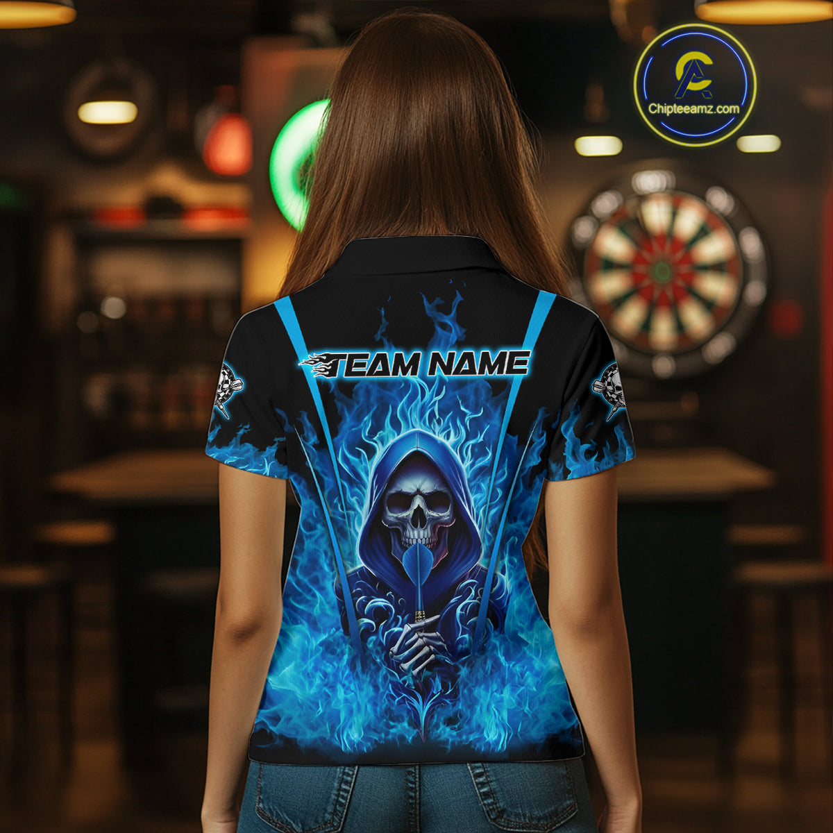 Personalized Blue Flaming Grim Reaper Women Darts Polo League Shirts Outfits Dart Jerseys NYN2208
