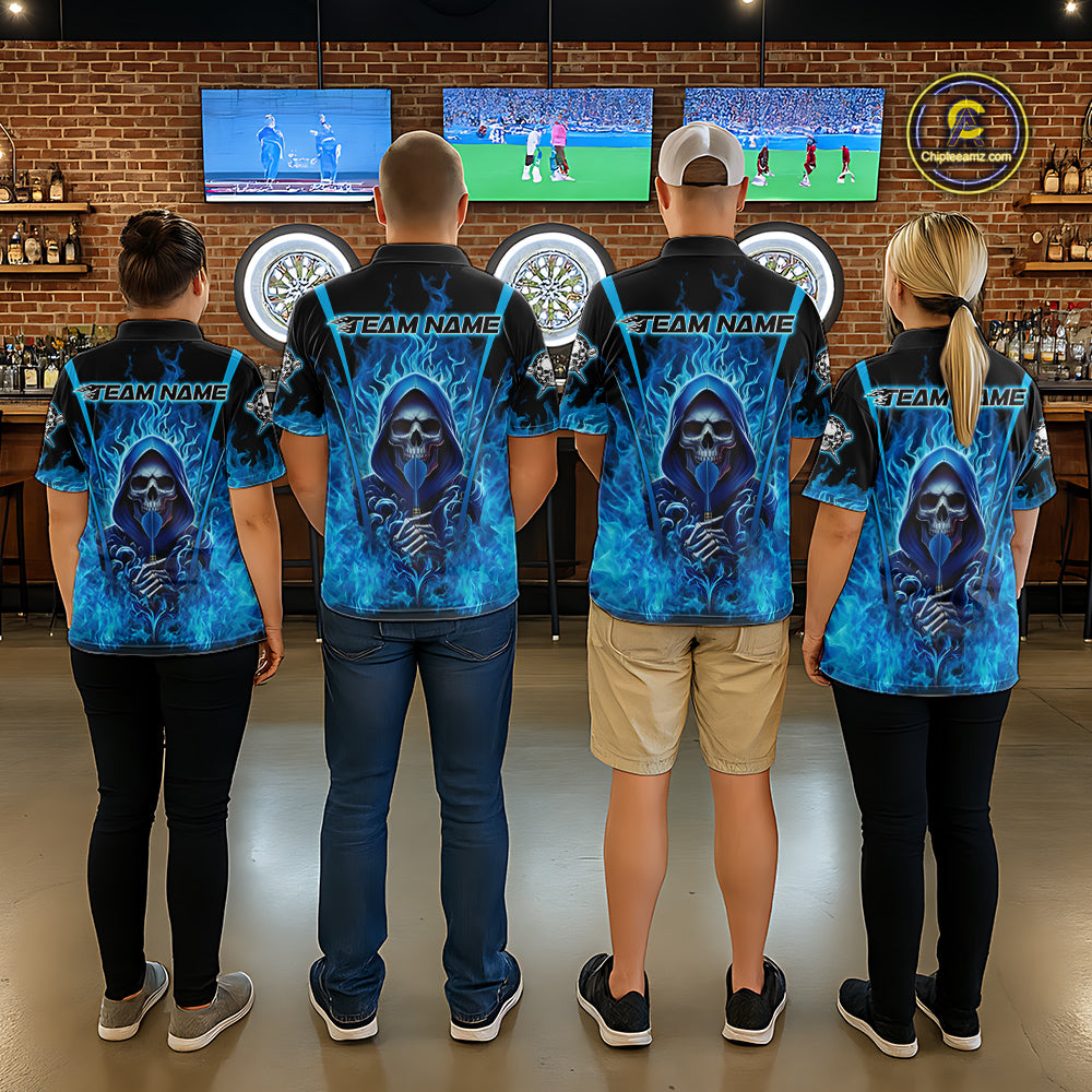 Personalized Blue Flaming Grim Reaper Women Darts Quarter-Zip League Shirts Outfits Dart Jerseys NYN2208