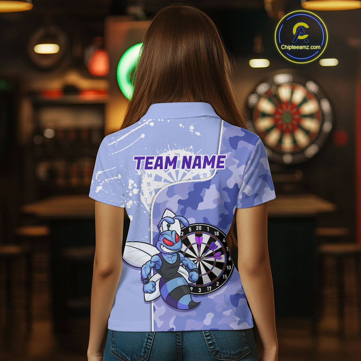 Custom Funny Bee Purple Camouflage Women Darts Polo League Shirts Splatter Dart Jerseys NYN2210
