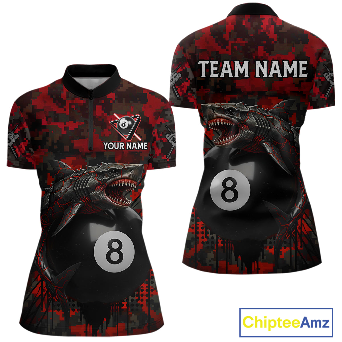 Horror Shark Play Pool 8 Ball Women's Billiard Team Shirt Custom Red Camouflage Billiard Attire NYN2499