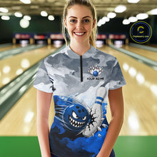Load image into Gallery viewer, White Blue Funny Cracked Pins &amp; Ball Bowling Shirt For Women Custom Outfit Team Bowling Jersey NYN3234