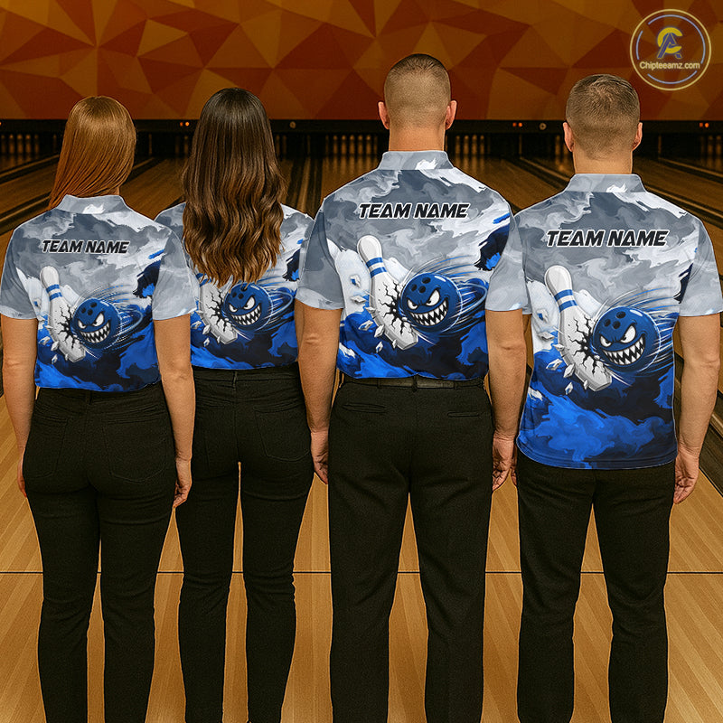 White Blue Funny Cracked Pins & Ball Bowling Shirt For Women Custom Outfit Team Bowling Jersey NYN3234