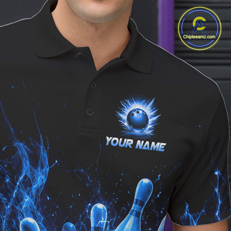 Male bowler wearing Blue Flames Bowling Ball and Pins bowling jersey during league competition