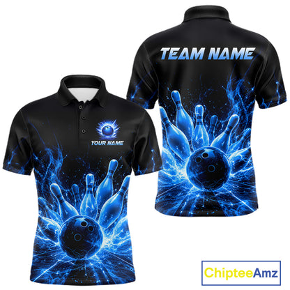 Blue Flames Bowling Ball and Pins men's bowling polo shirt custom thunder lightning bowling team jersey