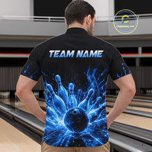 Load image into Gallery viewer, Male bowler wearing Blue Flames Bowling Ball and Pins bowling jersey during league competition