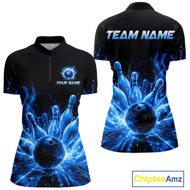 Blue Flames Bowling Ball and Pins women's quarter zip bowling shirt custom bowling uniform, tournament apparel