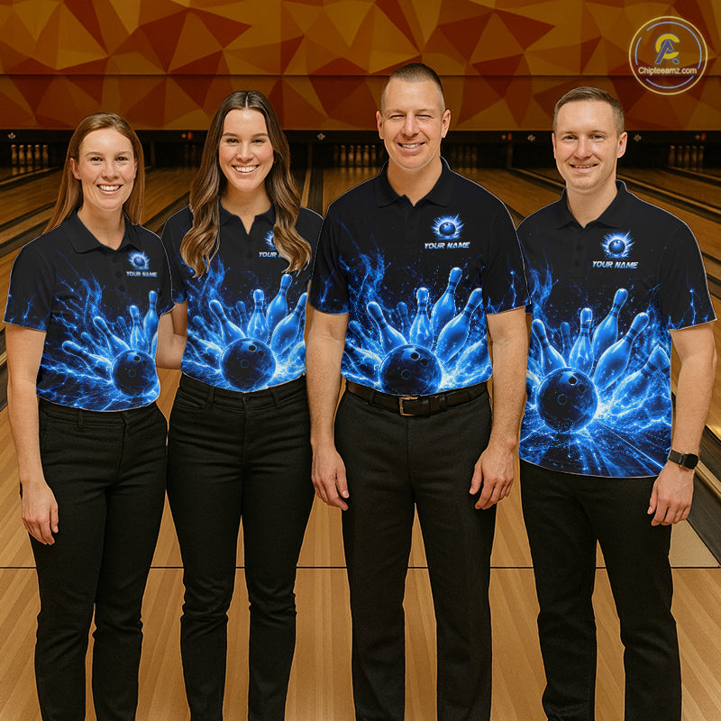 Women's bowling team wearing Blue Flames thunder lightning bowling uniforms and custom bowling jerseys