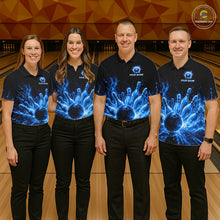 Load image into Gallery viewer, Women's bowling team wearing Blue Flames thunder lightning bowling uniforms and custom bowling jerseys