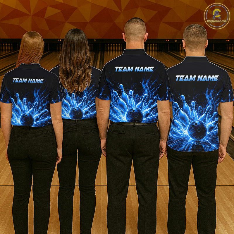 Women's bowling team wearing Blue Flames thunder lightning bowling uniforms and custom bowling jerseys