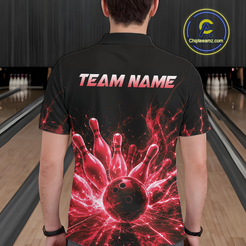 Male bowler wearing Red Flames Bowling Ball and Pins bowling jersey in tournament competition