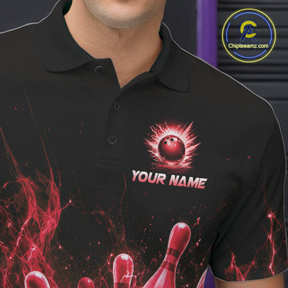 Male bowler wearing Red Flames Bowling Ball and Pins bowling jersey in tournament competition