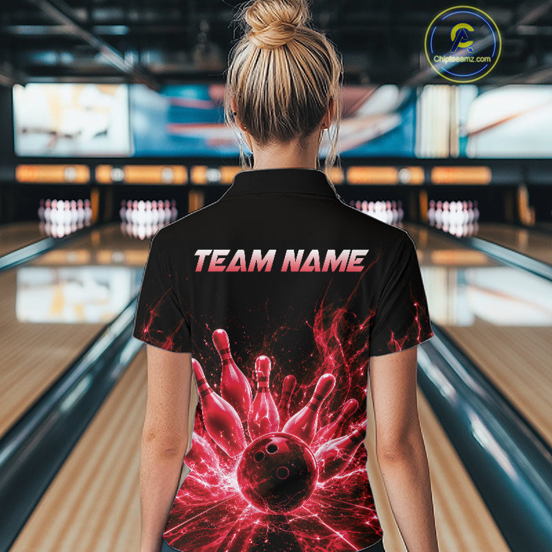 Female bowler wearing Red Flames Bowling Ball and Pins bowling jersey in tournament competition