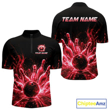 Load image into Gallery viewer, Red Flames Bowling Ball and Pins men's quarter zip bowling shirt custom bowling league apparel