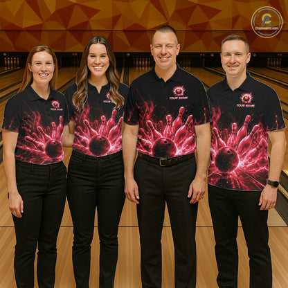 Men women bowling team wearing Red Flames bowling uniforms and professional bowling team jerseys