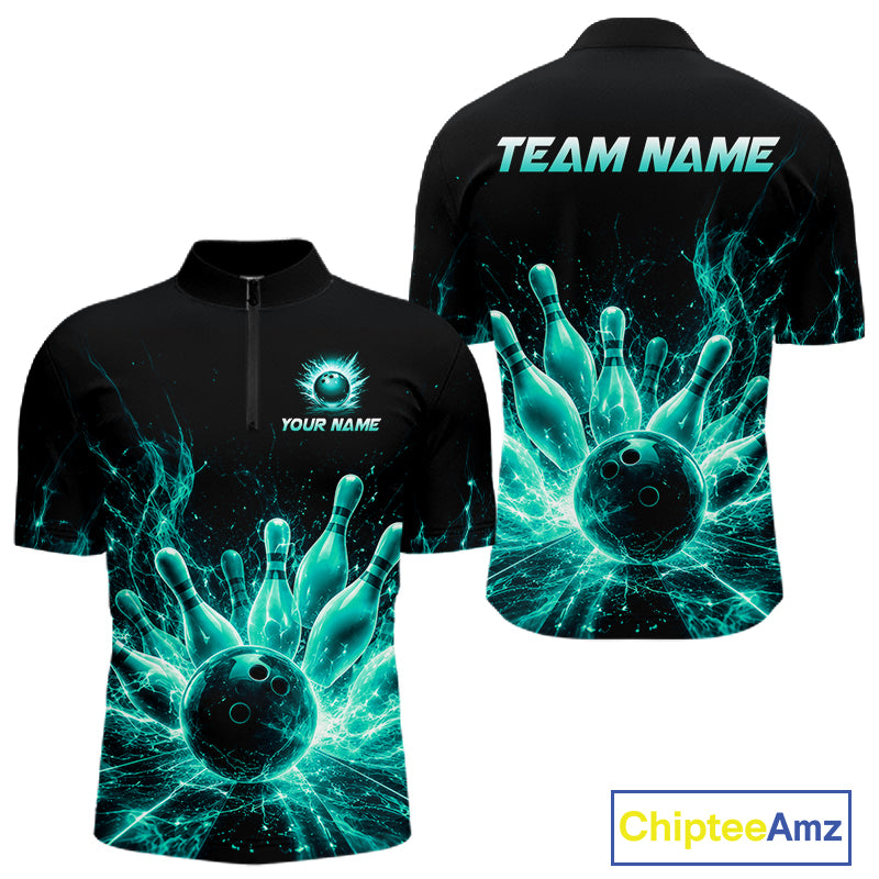 Teal Flames Bowling Ball and Pins men's quarter zip bowling shirt personalized bowling jersey